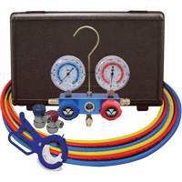 Dual Manifold Gauge Set with Manual Couplers & 3-in-1 Side Mount Can Tap Valve Ontario Packaging