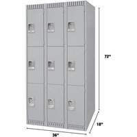 Lockers, 3 -tier, Bank of 3, 36" x 18" x 72", Steel, Grey, Knocked Down Ontario Packaging