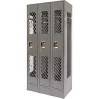Vented Lockers, Bank of 3, 36 x 18" x 78", Steel, Grey, Knocked Down, Perforated Ontario Packaging