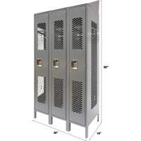 Vented Lockers, Bank of 3, 36 x 18" x 88", Steel, Grey, Knocked Down, Perforated Ontario Packaging