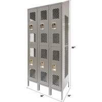 Vented Lockers, 2 -tier, Bank of 3, 36 x 18" x 88", Steel, Grey, Knocked Down, Perforated Ontario Packaging
