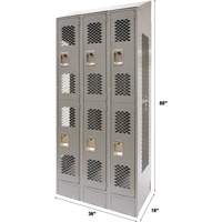 Vented Lockers, 2 -tier, Bank of 3, 36 x 18" x 88", Steel, Grey, Knocked Down, Perforated Ontario Packaging