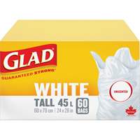 Tall 45L Unscented Garbage Bags, Regular, 24" W x 28" L, White Ontario Packaging