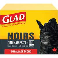 74L Garbage Bags, Regular, 26" W x 33" L, Black, Open Top JP301 | Ontario Packaging