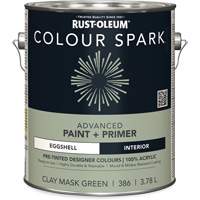 Peinture int&eacute;rieure pr&eacute;teint&eacute;e + appr&ecirc;t mural Colour Spark, Vert masque en argile, Satin&eacute;, 3,78 L, Gallon Ontario Packaging