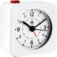 Mini Non-Ticking Alarm Clock, Analog, Battery Operated, 2.3" Dia., White OQ835 | Ontario Packaging
