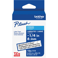 TZe-111 Laminated Tape for TZe-Compatible P-Touch Label Makers, Black on Clear, 0.23" Width Ontario Packaging
