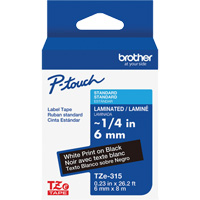 TZe-315 Laminated Tape for TZe-Compatible P-Touch Label Makers, White on Black, 0.23" Width Ontario Packaging