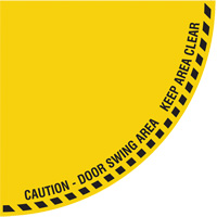 "Caution" Quarter Circle Swing Door Floor Sign, Adhesive, English with Pictogram SGY043 | Ontario Packaging