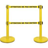 Dual Belt Crowd Control Barrier, Steel, 35" H, Yellow Tape, 7' Tape Length Ontario Packaging