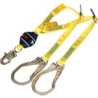 Twin-Leg Tie-Back Web Shock-Absorbing Lanyard, 4', Rebar Hook Center, Snap Hook Leg Ends, Polyester Ontario Packaging