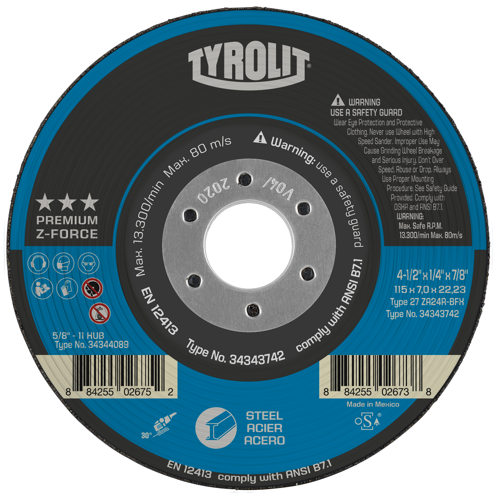 Tyrolit ZForce Grinding Wheel, 5" x 1/4", 7/8" arbor, Zirconium, Type